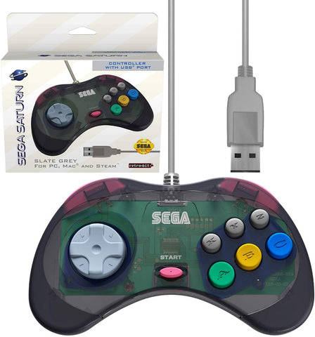 Retro-Bit Official Sega Saturn Controller Pad - USB Port - Slate Gray for PC/Mac/Steam/RetroPie/Raspberry Pie