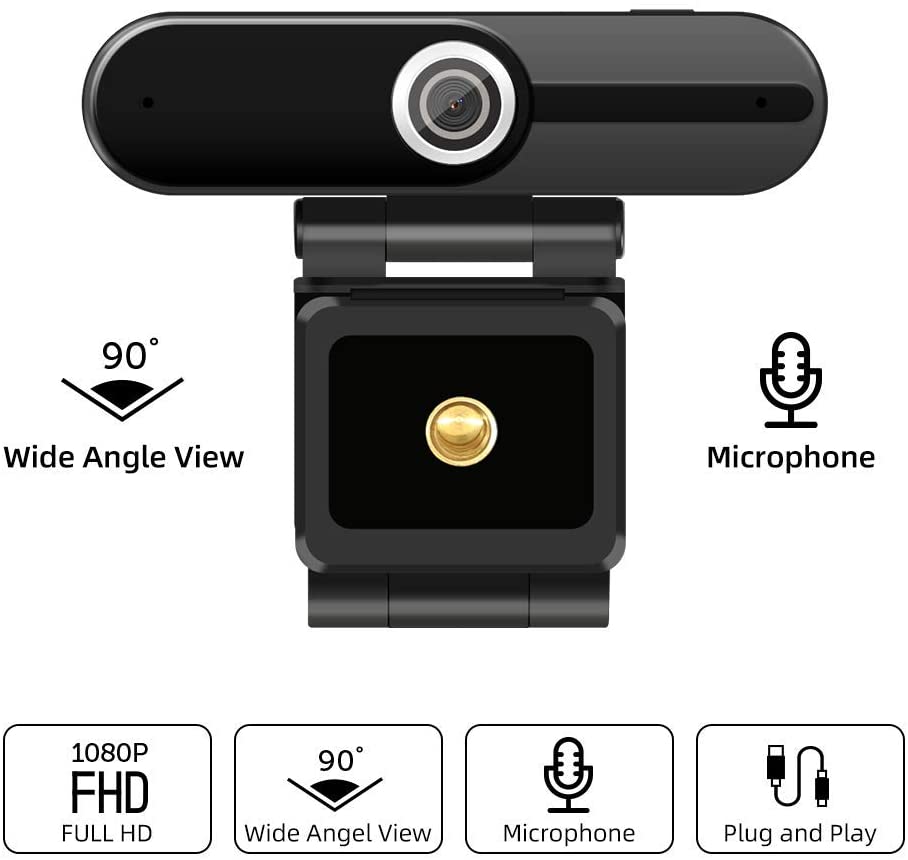 Webcam 1080P Full HD 90 Degrees USB w/ Microphone, Privacy Cover