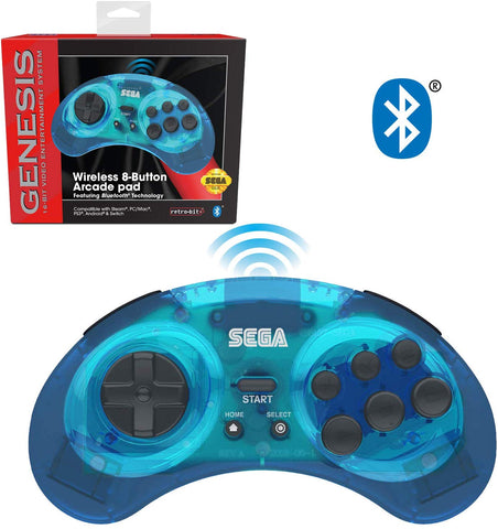 Retro-Bit Official Sega Genesis Bluetooth Controller 8-Button Arcade Pad for Nintendo Switch, Android, PC, Mac, Steam - Clear Blue