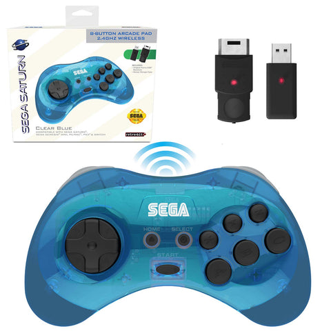 Retro-Bit Official Sega Saturn 2.4 GHz Wireless Controller 8-Button Arcade Pad for Saturn, Genesis Mini, PC/Mac - Clear Blue