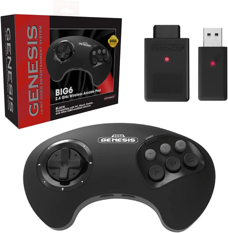 Retro-Bit Official Sega Genesis BIG6 2.4 GHz Wireless Controller 6-Button Arcade Pad for Sega Genesis, PC, Mac & other USB-Enable Devices - Includes 2 Receivers & Storage Case