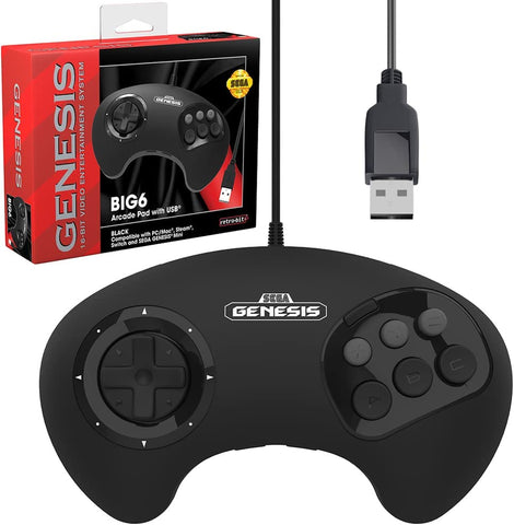 Retro-Bit Official Sega Genesis BIG6 Style USB Arcade Controller Pad for Sega Genesis Mini, Switch, PC, Mac, Steam, RetroPie, Raspberry Pi - USB Port - Black