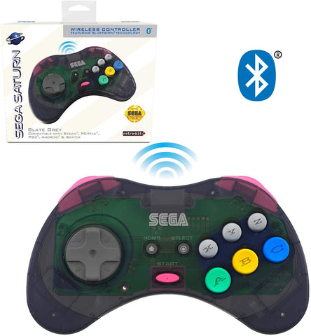 Retro-Bit Official Sega Saturn Bluetooth Controller 8-Button Arcade Pad for Nintendo Switch, PC, Mac, Steam - Slate Grey