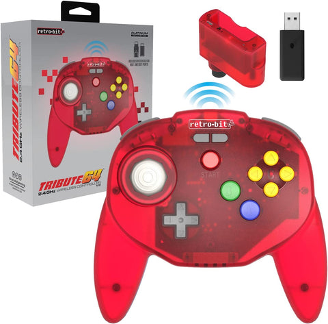 Retro-Bit Tribute64 2.4GHz Wireless Controller for Nintendo 64 (N64), Switch, PC, MacOS, RetroPie, Raspberry Pi and Other USB Devices - Clear Red