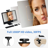 Webcam 1080P Full HD 90 Degrees USB w/ Microphone, Privacy Cover, & Tripod