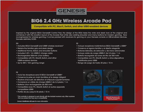 Retro-Bit Official Sega Genesis BIG6 Wireless Controller - 6-Button Arcade Pad