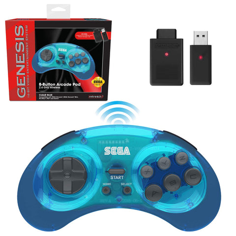 Retro-Bit Sega Genesis 2.4 GHz Wireless Controller 8-Button Arcade Pad for Sega Genesis Original/Mini, Nintendo Switch, PC, Mac - Clear Blue