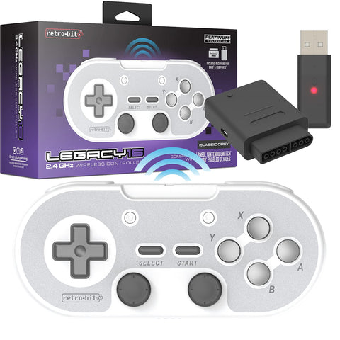 Retro-Bit Legacy 16 Wireless 2.4GHz Controller for SNES, Switch, PC, MacOS, RetroPie, Raspberry Pi and Other USB Devices - Classic Gray